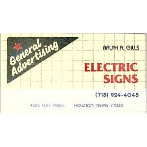 General Advertising Signs Ralph Gills Houston TX Vintage Business Card SSB4-15